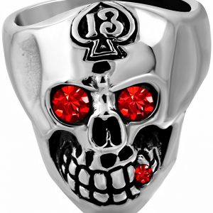 13 of Spades Skull - Silverfärgad Stålring med Röda CZ Stenar -