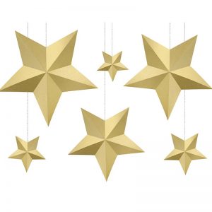 6 stk Guldfärgade 3D Stjärnor - Hängande Dekoration -
