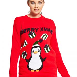 Merry Xmas - Röd Pingvin Jultröja -