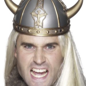 Silverfärgad Vikingahjälm med Guldfärgade Detaljer och Små Horn -
