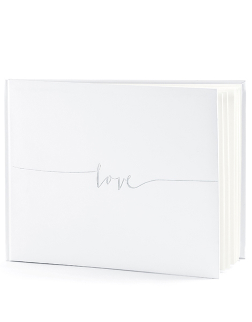 Vit Gästbok med Silverfärgat Folierad Love Text 24x18 cm -