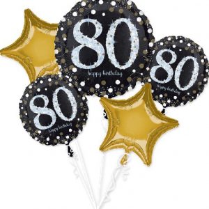 Happy 80th Birthday - Svart och Guldfärgad Ballongbukett med 5 Folieballonger -