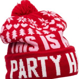 Röd Stickad Party Hat Luva med Julmotiv och Tofs -