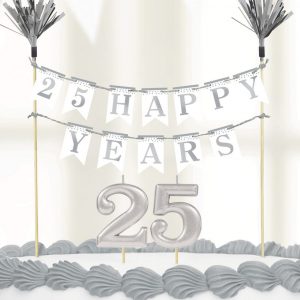 Silverfärgad 25 Happy Years Tårtbanner och Tårtljus -